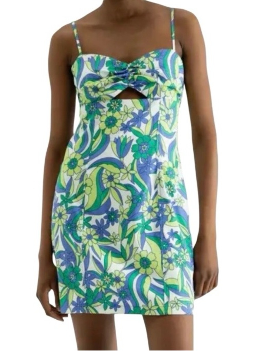 Zara Bright Floral Cutout Mini Dress in Blue & Green Spaghetti Straps Retro Sz M